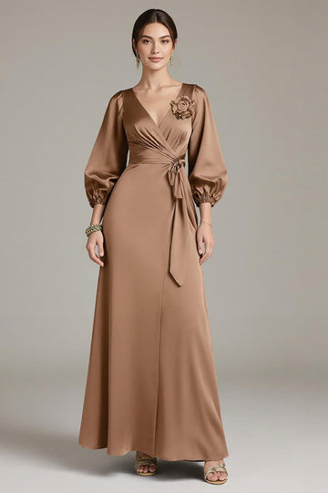 Terracotta Floral Satin V-Neck Sheath Long Formal Dress with Sleeves